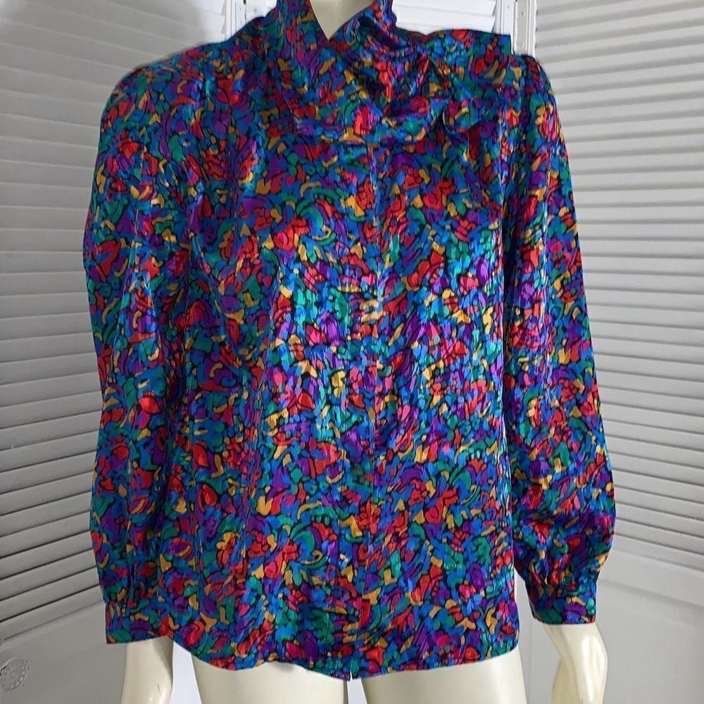 Vintage Colorful Abstract Satin Button Down Bow‎ Tie Blouse Large